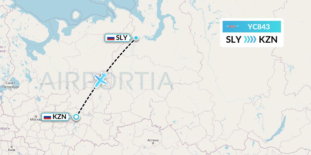 YC843 Yamal Airlines Flight Map: Salekhard to Kazan