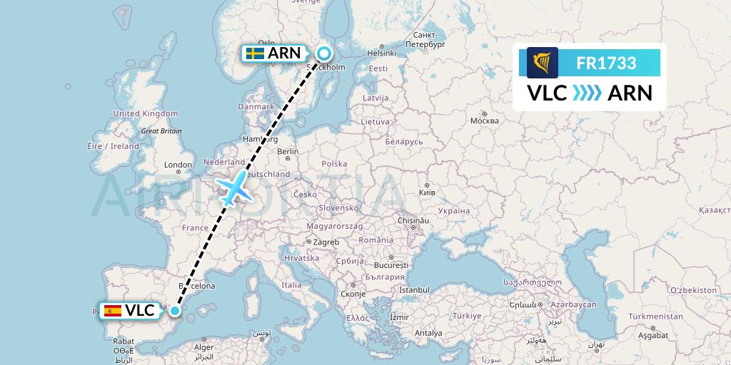 FR1733 Ryanair Flight Map: Valencia to Stockholm