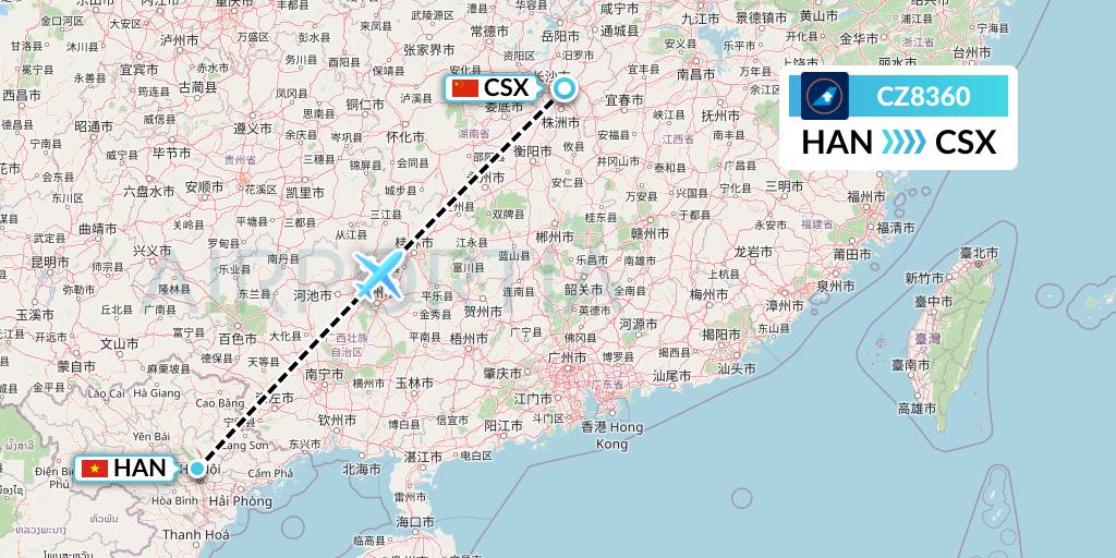 CZ8360 China Southern Airlines Flight Map: Hanoi to Changsha