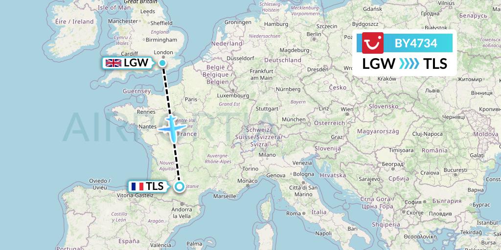 BY4734 TUI Airways Flight Map: London to Toulouse