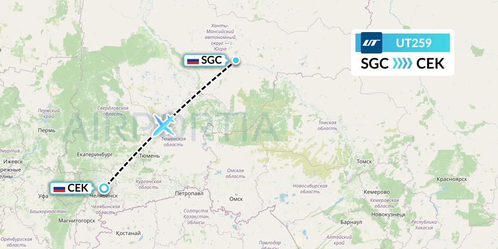 UT259 UTair Flight Map: Surgut to Chelyabinsk