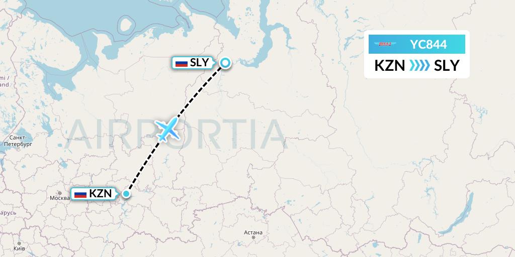 YC844 Yamal Airlines Flight Map: Kazan to Salekhard