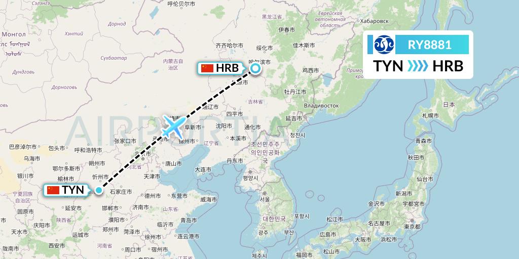 RY8881 Jiangxi Air Flight Map: Taiyuan to Harbin