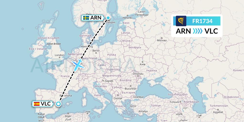 FR1734 Ryanair Flight Map: Stockholm to Valencia