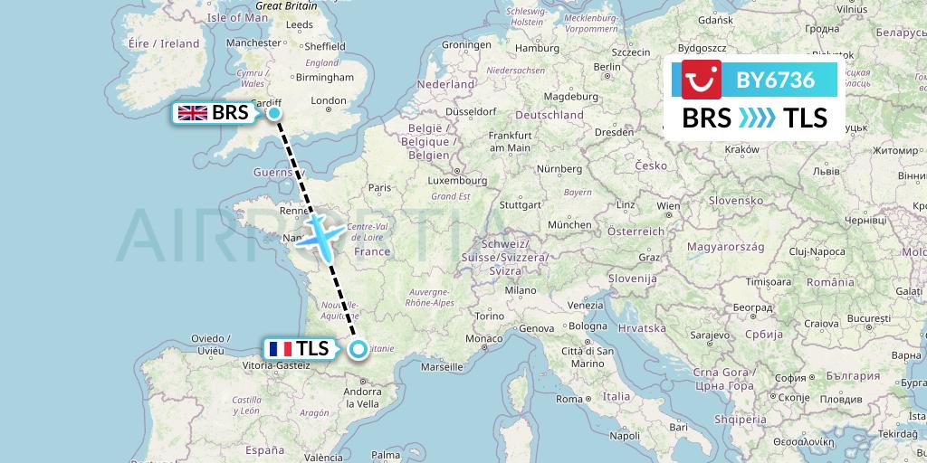 BY6736 TUI Airways Flight Map: Bristol to Toulouse
