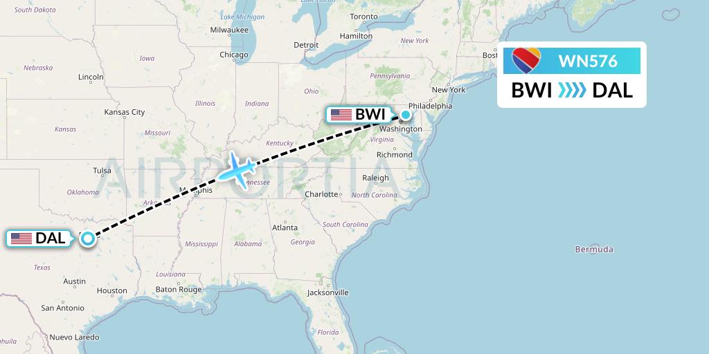 WN576 Southwest Airlines Flight Map: Baltimore to Dallas