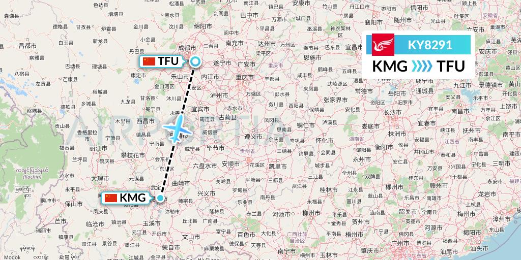 KY8291 Kunming Airlines Flight Map: Kunming to Chengdu