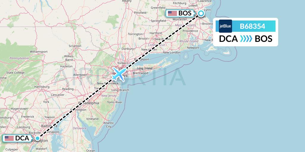 B68354 JetBlue Airways Flight Map: Washington to Boston