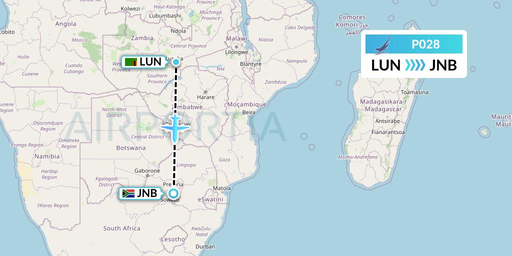 P028 Proflight Air Services Flight Map: Lusaka to Johannesburg