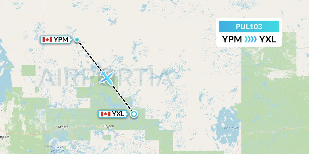 PUL103 Ornge Air Flight Map: Pikangikum to Sioux Lookout