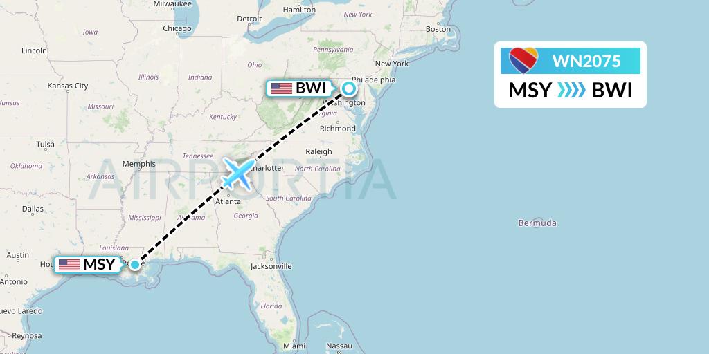 WN2075 Southwest Airlines Flight Map: New Orleans to Baltimore