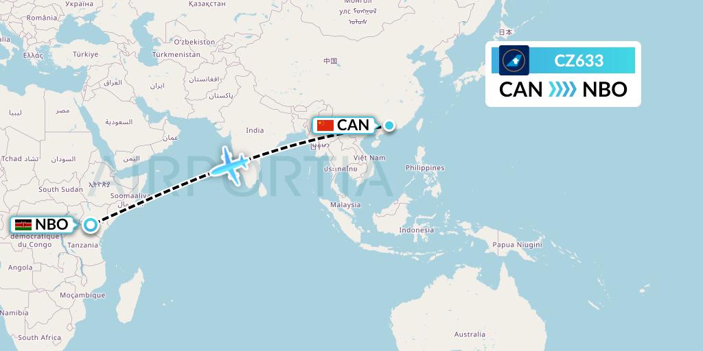 CZ633 China Southern Airlines Flight Map: Guangzhou to Nairobi
