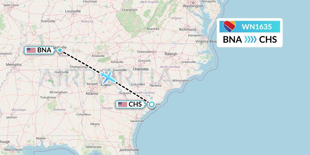WN1635 Southwest Airlines Flight Map: Nashville to Charleston