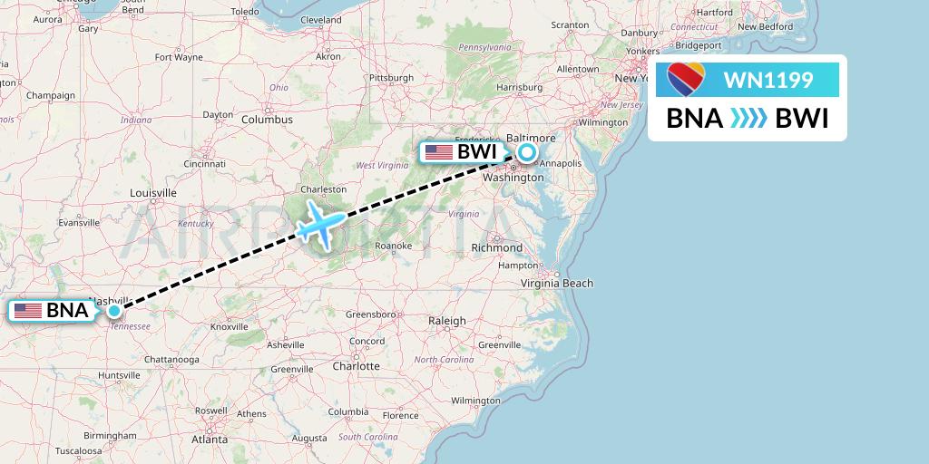 WN1199 Southwest Airlines Flight Map: Nashville to Baltimore