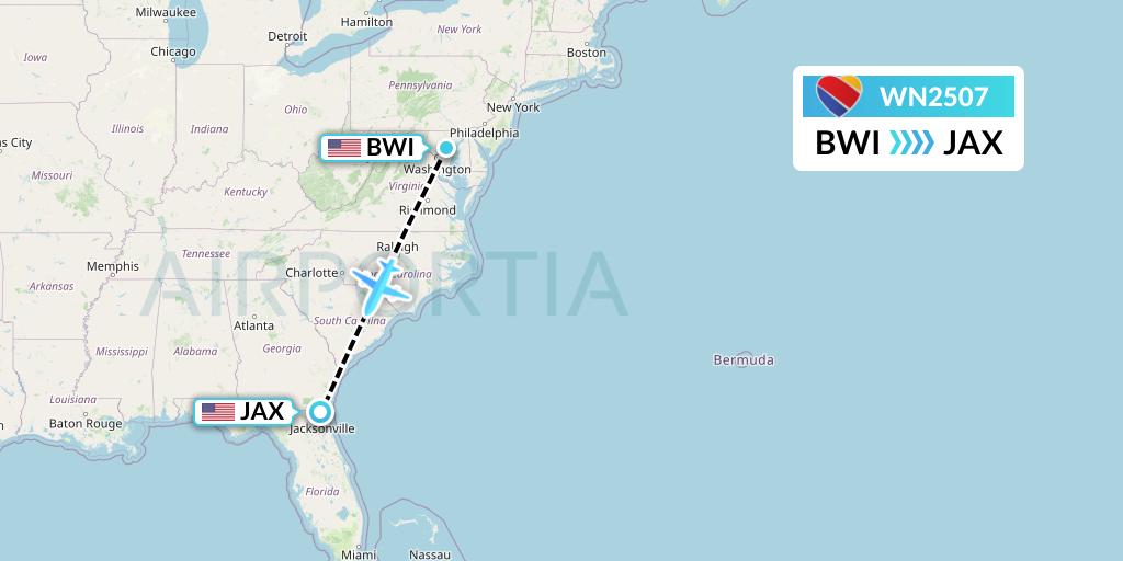 WN2507 Southwest Airlines Flight Map: Baltimore to Jacksonville