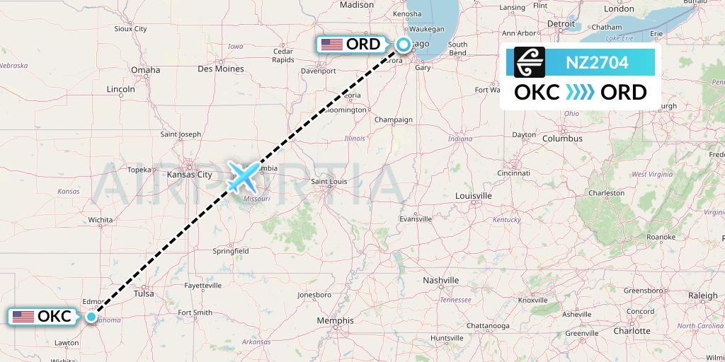 NZ2704 Air New Zealand Flight Map: Oklahoma City to Chicago