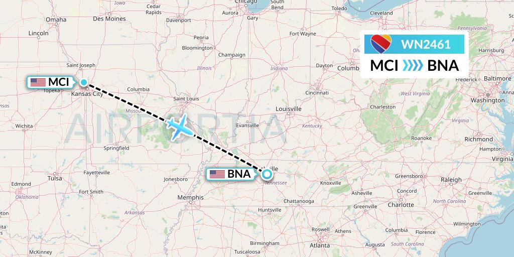 WN2461 Southwest Airlines Flight Map: Kansas City to Nashville