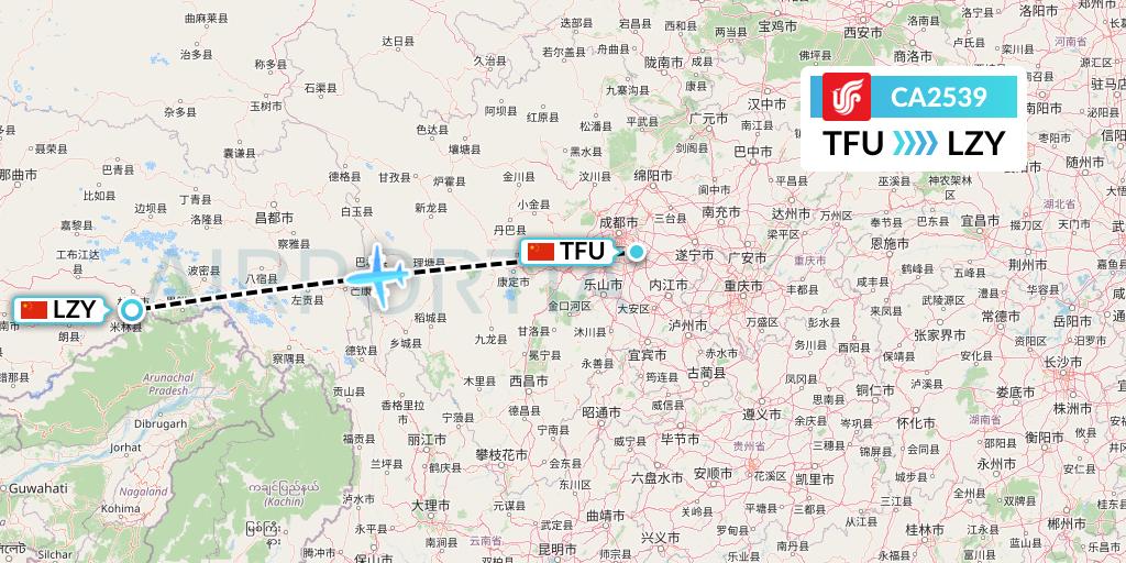 CA2539 Air China Flight Map: Chengdu to Nyingchi