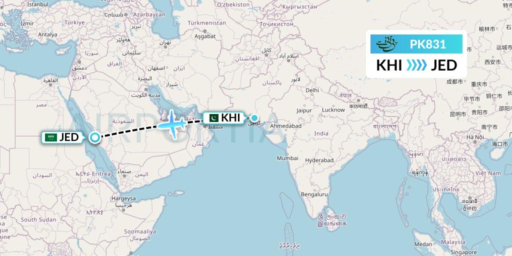PK831 Pakistan International Airlines Flight Map: Karachi to Jeddah