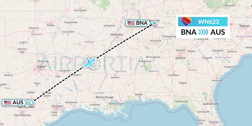 WN623 Southwest Airlines Flight Map: Nashville to Austin