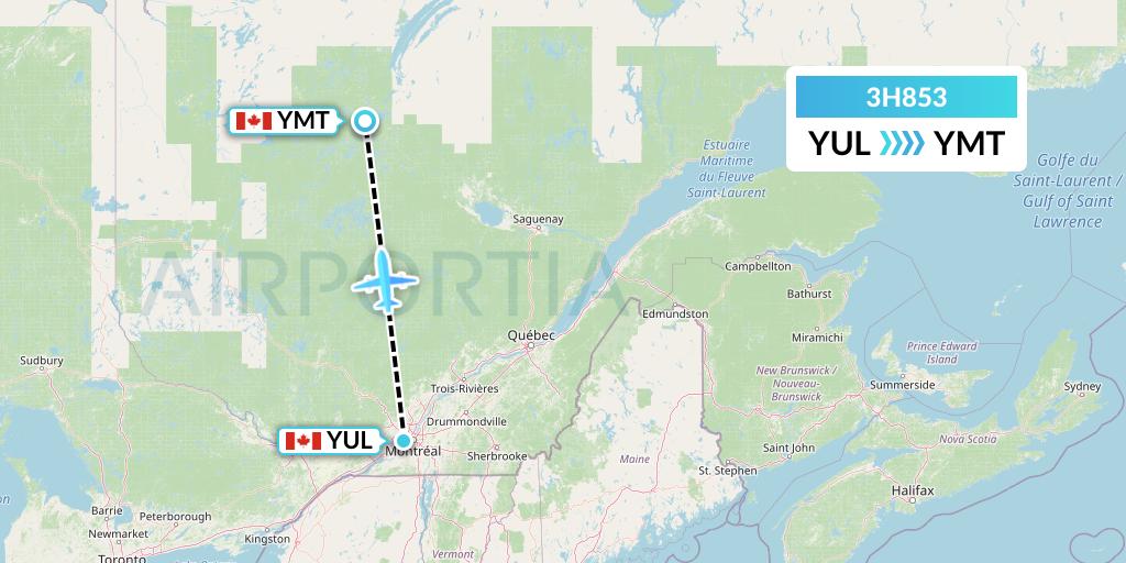 3H853 Air Inuit Flight Map: Montreal to Chibougamau