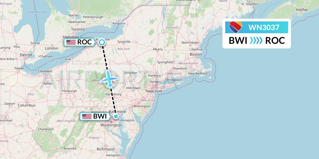 WN3037 Southwest Airlines Flight Map: Baltimore to Rochester