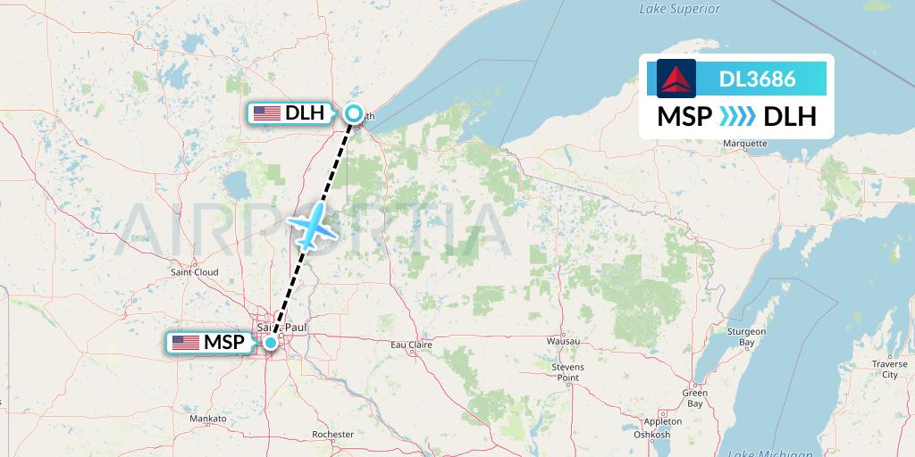 DL3686 Delta Air Lines Flight Map: Minneapolis to Duluth