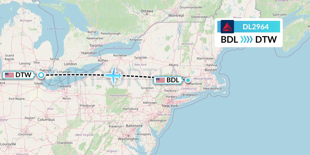 DL2964 Delta Air Lines Flight Map: Windsor Locks to Detroit