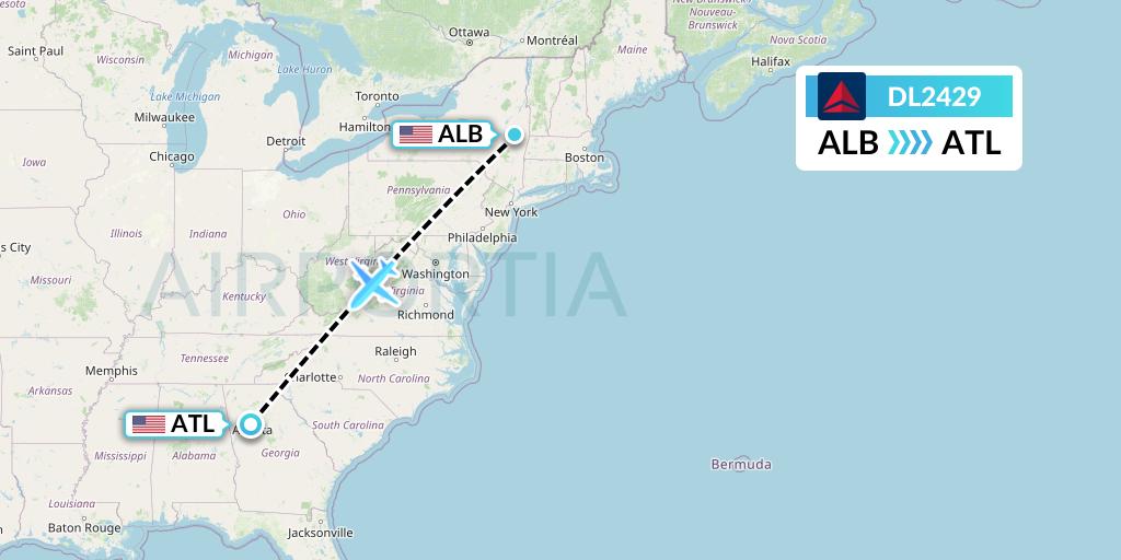 DL2429 Delta Air Lines Flight Map: Albany to Atlanta