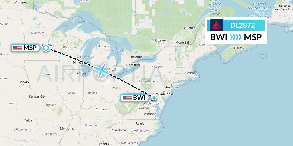 DL2872 Delta Air Lines Flight Map: Baltimore to Minneapolis