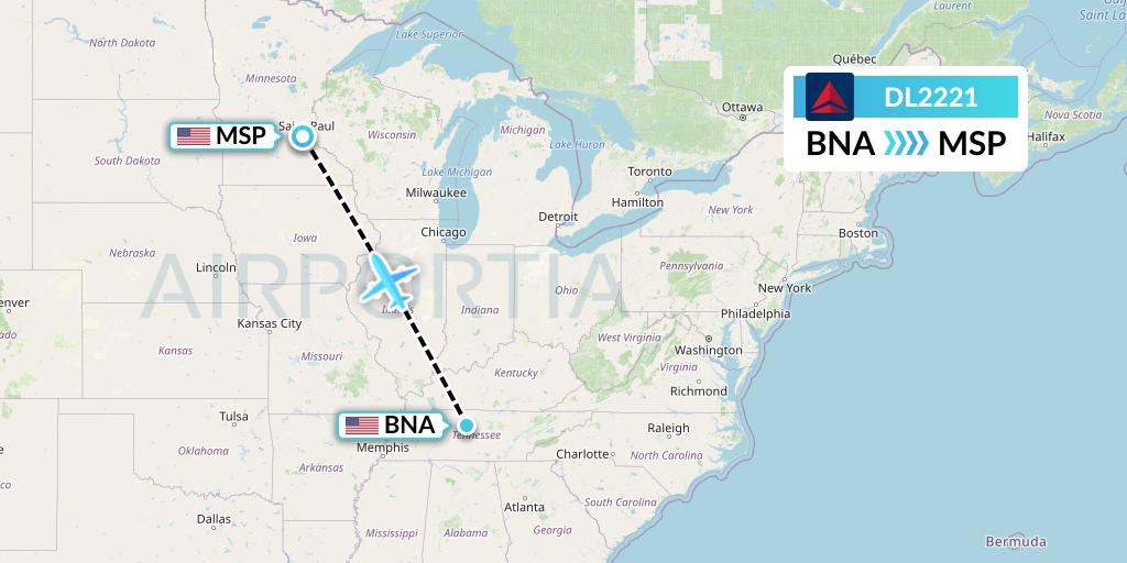 DL2221 Delta Air Lines Flight Map: Nashville to Minneapolis