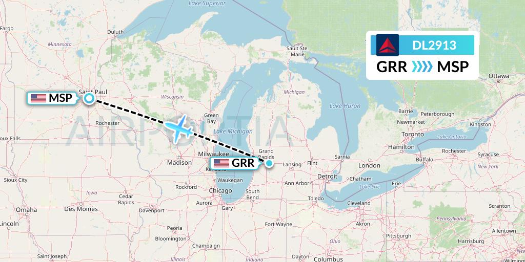 DL2913 Delta Air Lines Flight Map: Grand Rapids to Minneapolis
