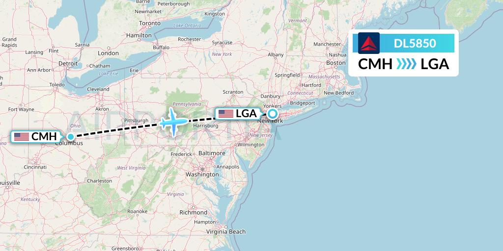 DL5850 Delta Air Lines Flight Map: Columbus to New York
