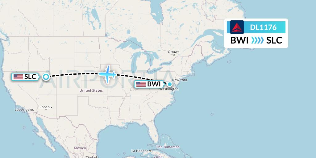 DL1176 Delta Air Lines Flight Map: Baltimore to Salt Lake City