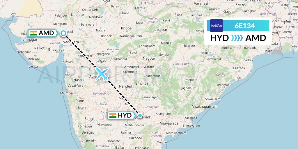 6E134 IndiGo Airlines Flight Map: Hyderabad to Ahmedabad