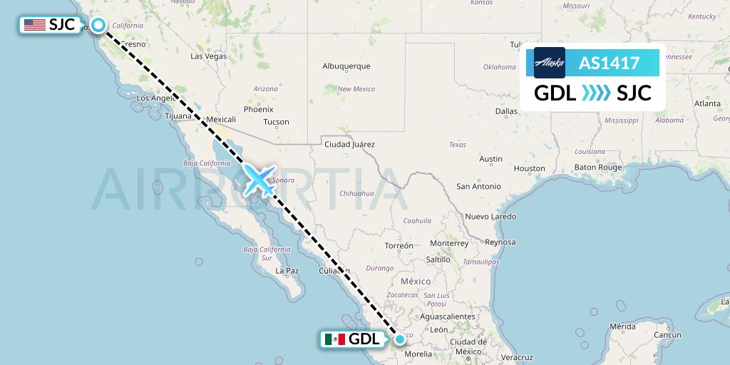 AS1417 Alaska Airlines Flight Map: Guadalajara to San Jose