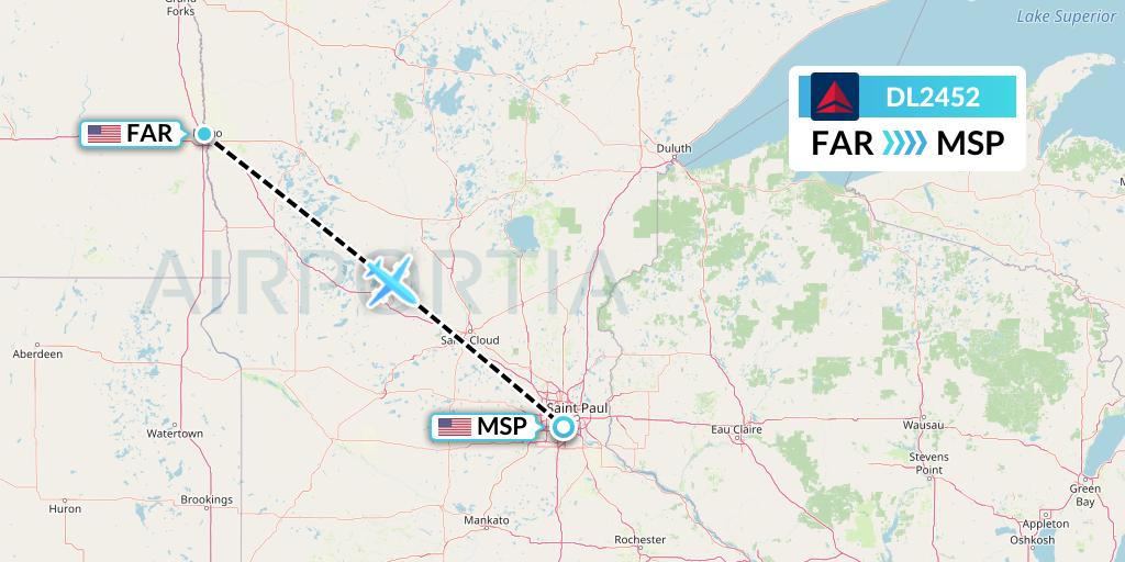 DL2452 Delta Air Lines Flight Map: Fargo to Minneapolis