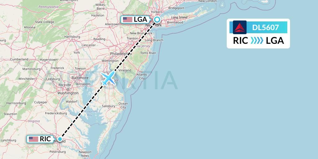 DL5607 Delta Air Lines Flight Map: Richmond to New York