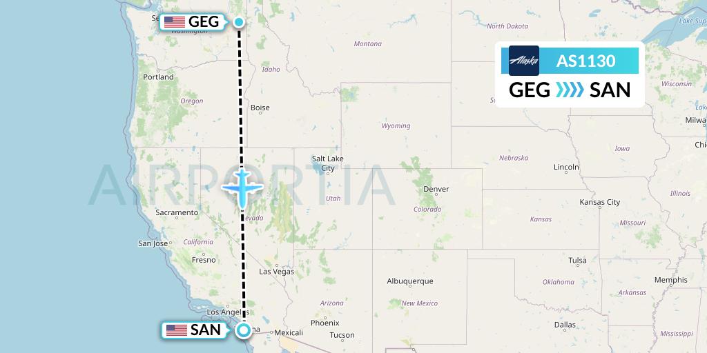 AS1130 Alaska Airlines Flight Map: Spokane to San Diego