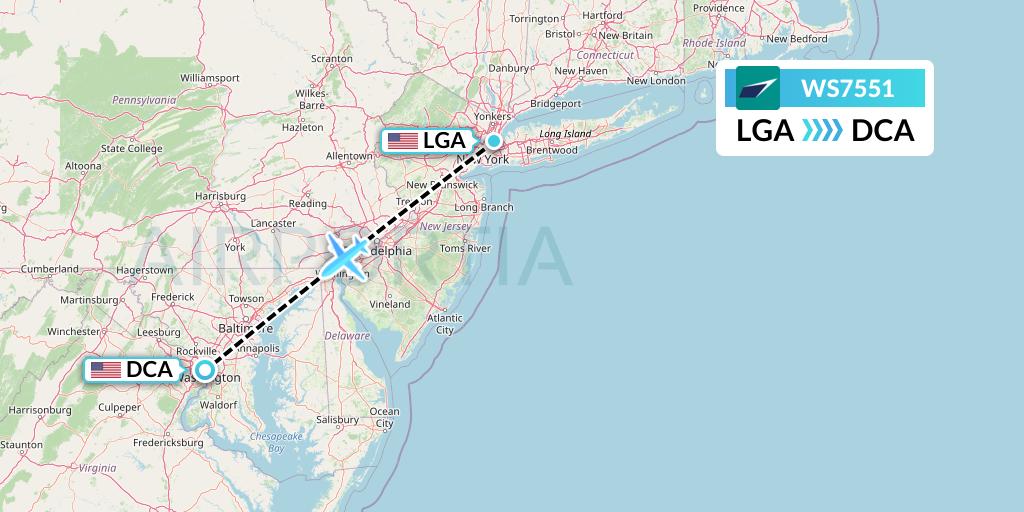WS7551 WestJet Flight Map: New York to Washington