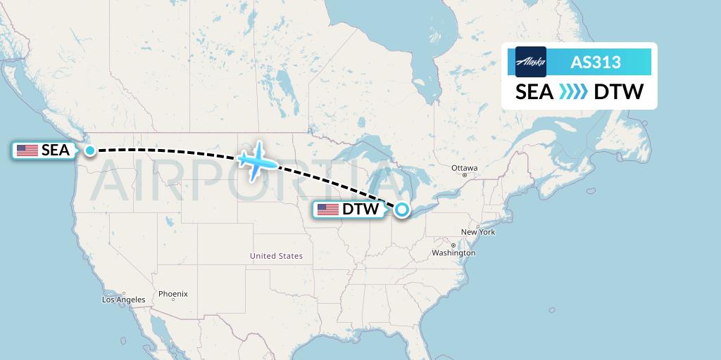AS313 Alaska Airlines Flight Map: Seattle to Detroit