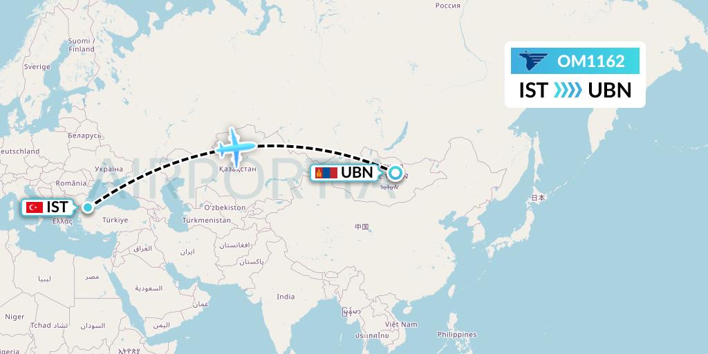 OM1162 MIAT Mongolian Airlines Flight Map: Istanbul to Ulan Bator