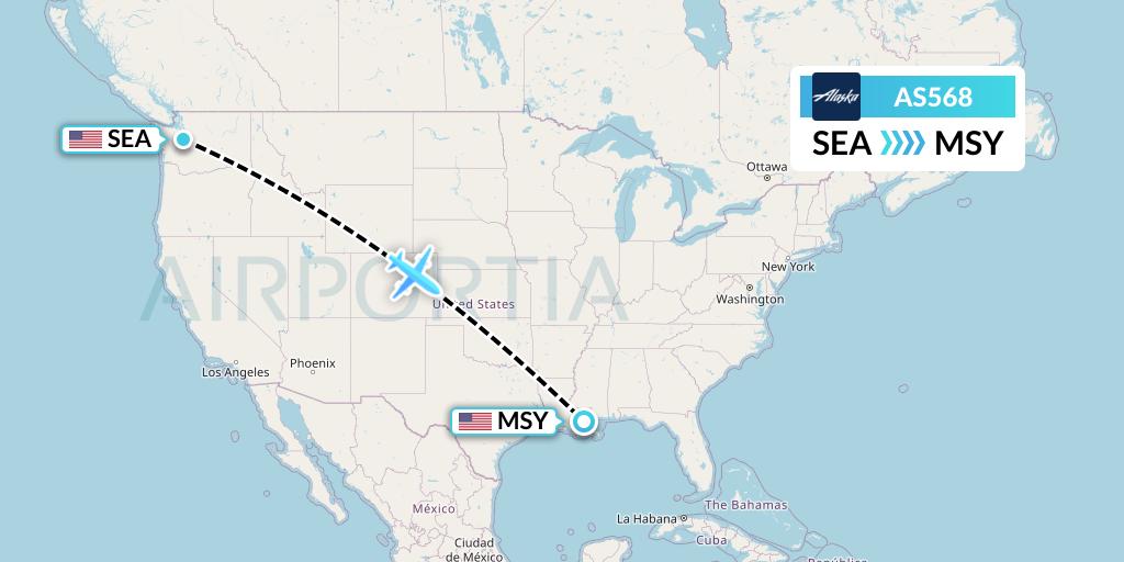 AS568 Alaska Airlines Flight Map: Seattle to New Orleans