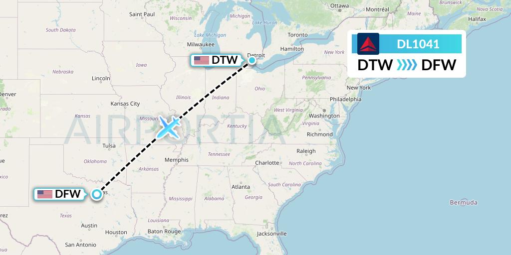 DL1041 Delta Air Lines Flight Map: Detroit to Dallas