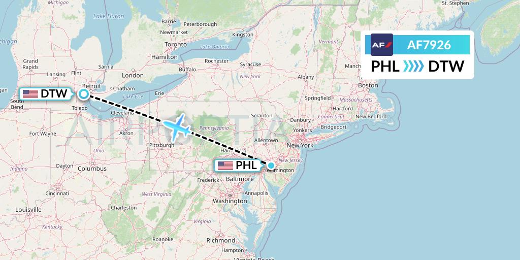 AF7926 Air France Flight Map: Philadelphia to Detroit