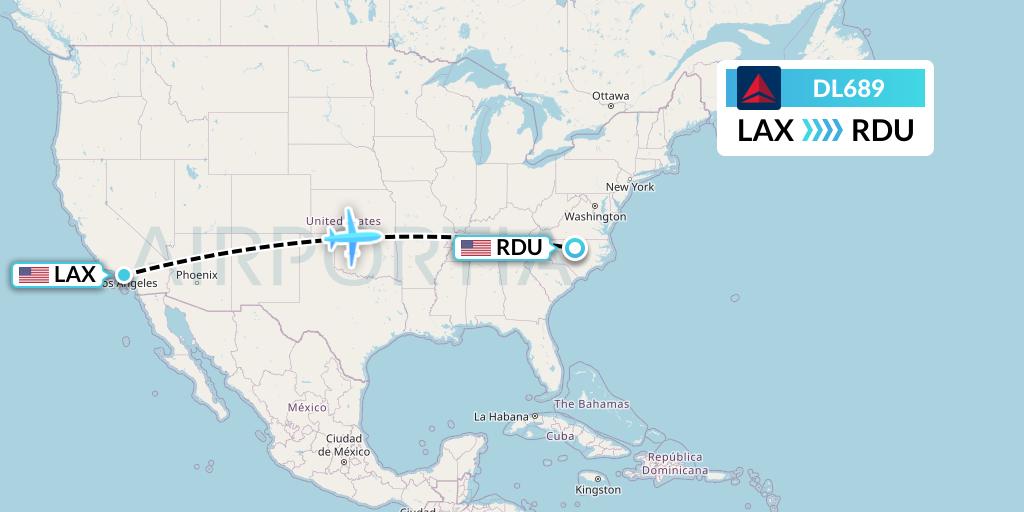 DL689 Delta Air Lines Flight Map: Los Angeles to Raleigh-Durham