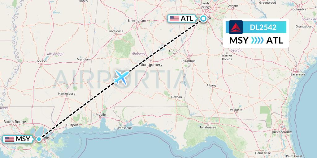 DL2542 Delta Air Lines Flight Map: New Orleans to Atlanta