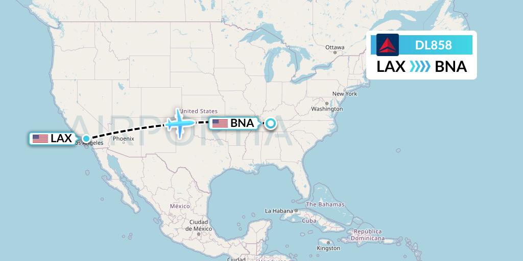 DL858 Delta Air Lines Flight Map: Los Angeles to Nashville