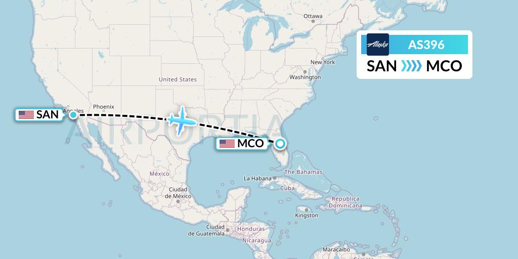 AS396 Alaska Airlines Flight Map: San Diego to Orlando