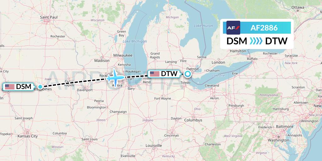 AF2886 Air France Flight Map: Des Moines to Detroit